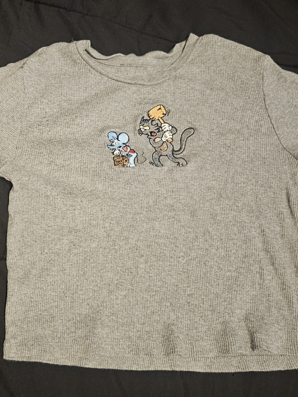 Gray Cat & Mouse Embroidered Pet Tee - Gray